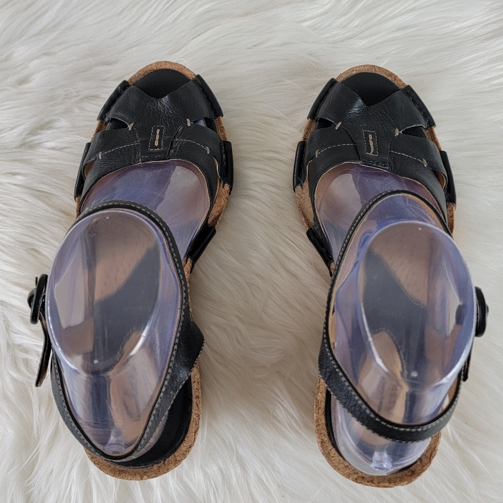 Clarks Artisan Black Leather Peep Toe Cork Wedge Sandals Women's Size 8½ - Picture 10 of 16
